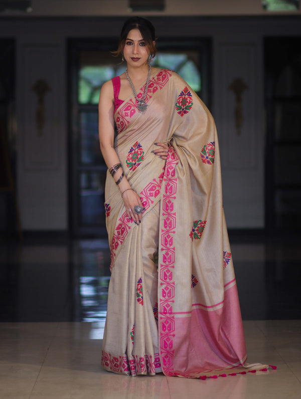 Banarasee Handwoven Semi-Tussar Saree With Hand Block Print Design-Beige