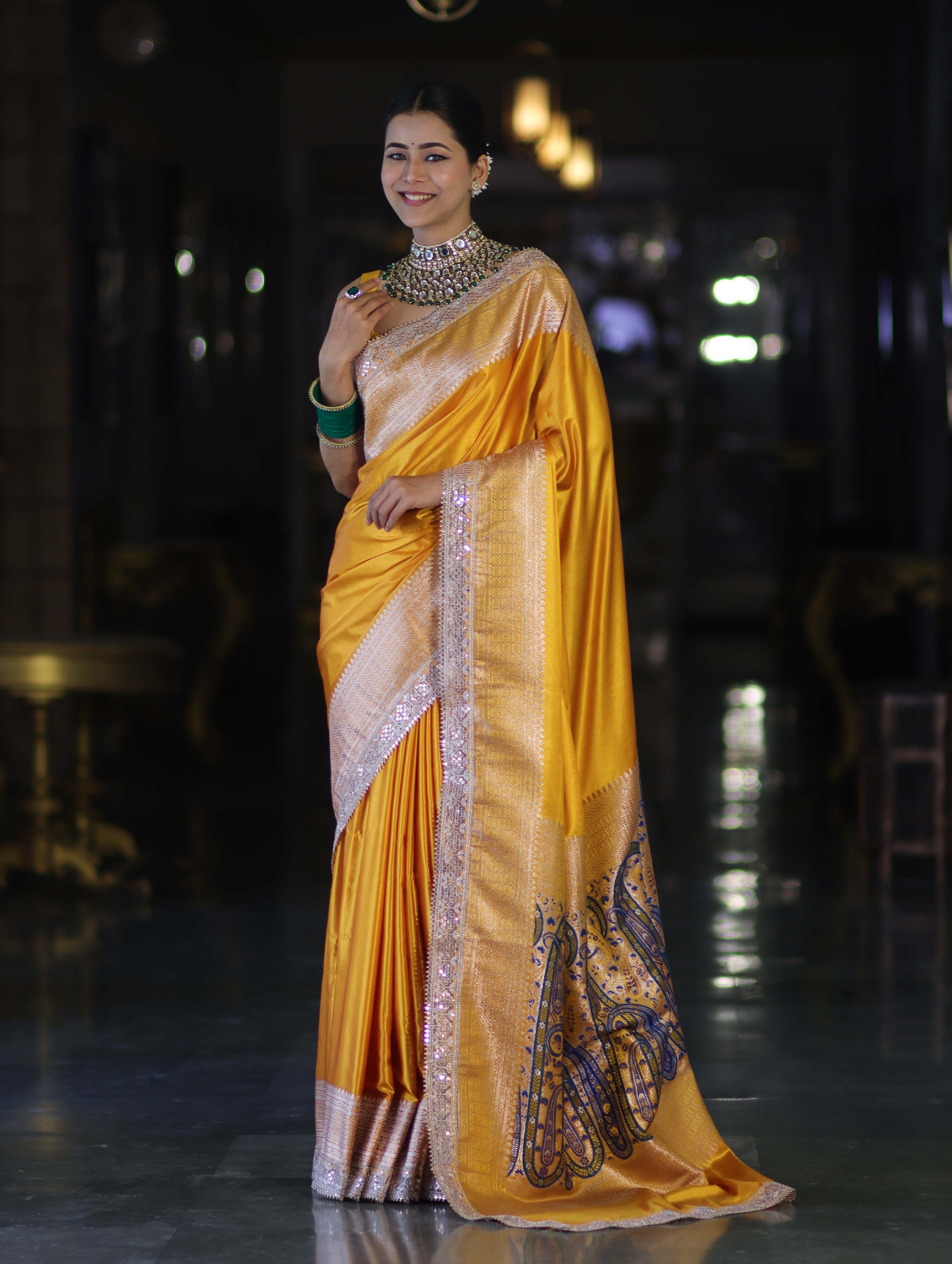 Banarasee Handloom Plain Mashru Silk Saree With Lace Border & Meenadar Pallu-Yellow