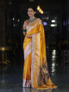 Banarasee Handloom Plain Mashru Silk Saree With Lace Border & Meenadar Pallu-Yellow