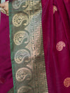 Banarasee Handloom Cotton Silk Saree With Zari Work & Contrast Border-Magenta & Green