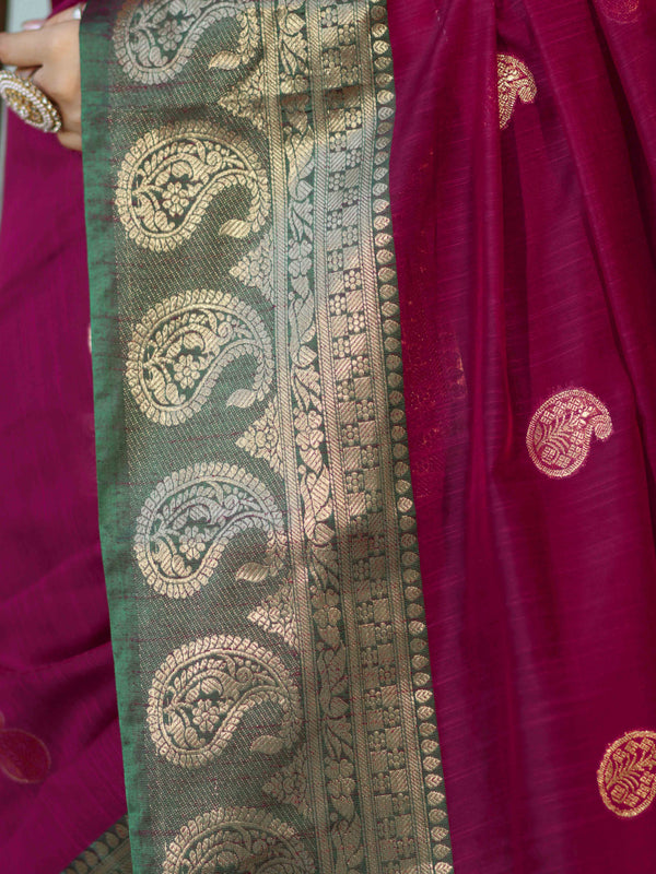 Banarasee Handloom Cotton Silk Saree With Zari Work & Contrast Border-Magenta & Green