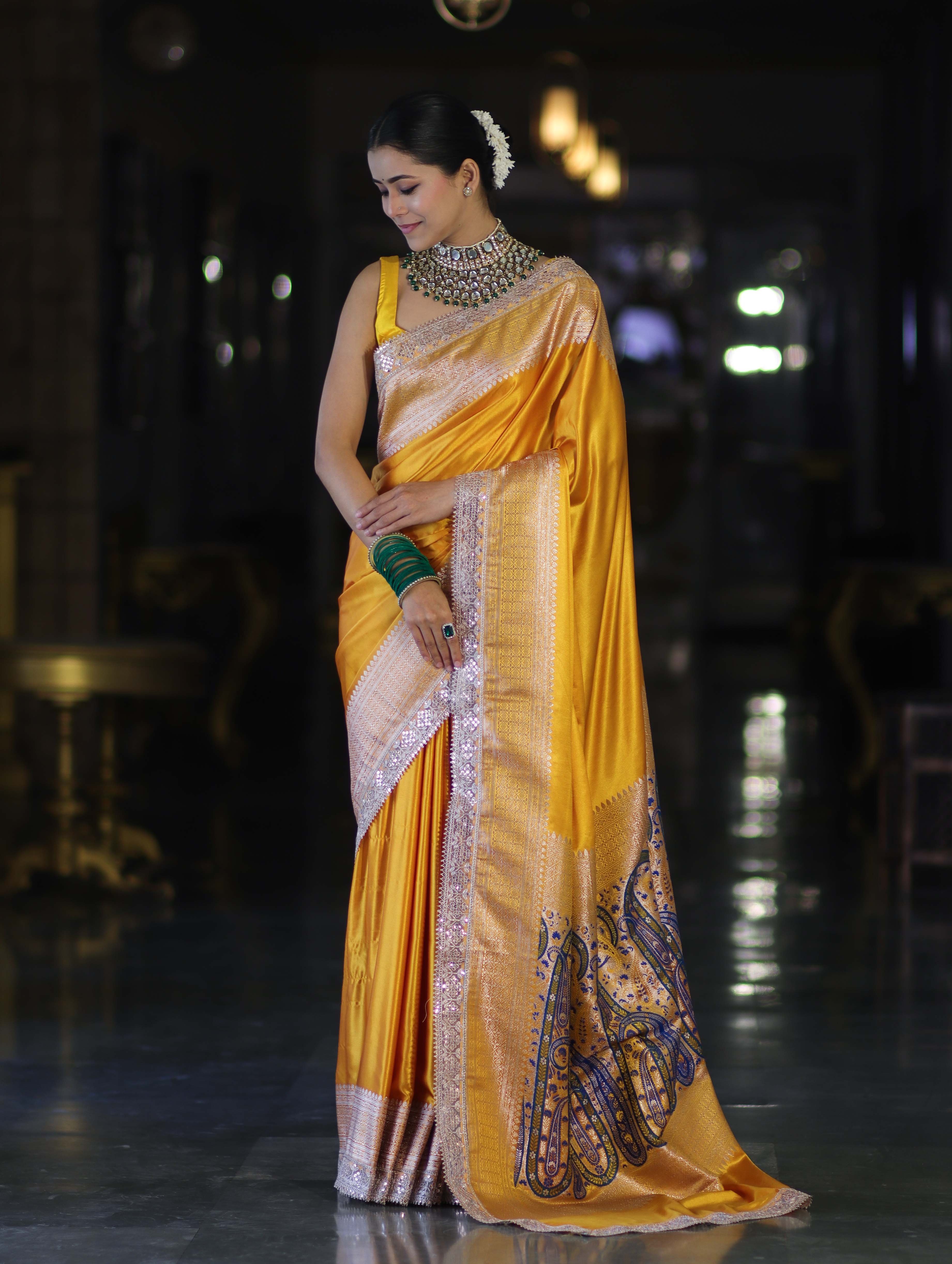 Banarasee Handloom Plain Mashru Silk Saree With Lace Border & Meenadar Pallu-Yellow