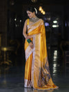 Banarasee Handloom Plain Mashru Silk Saree With Lace Border & Meenadar Pallu-Yellow
