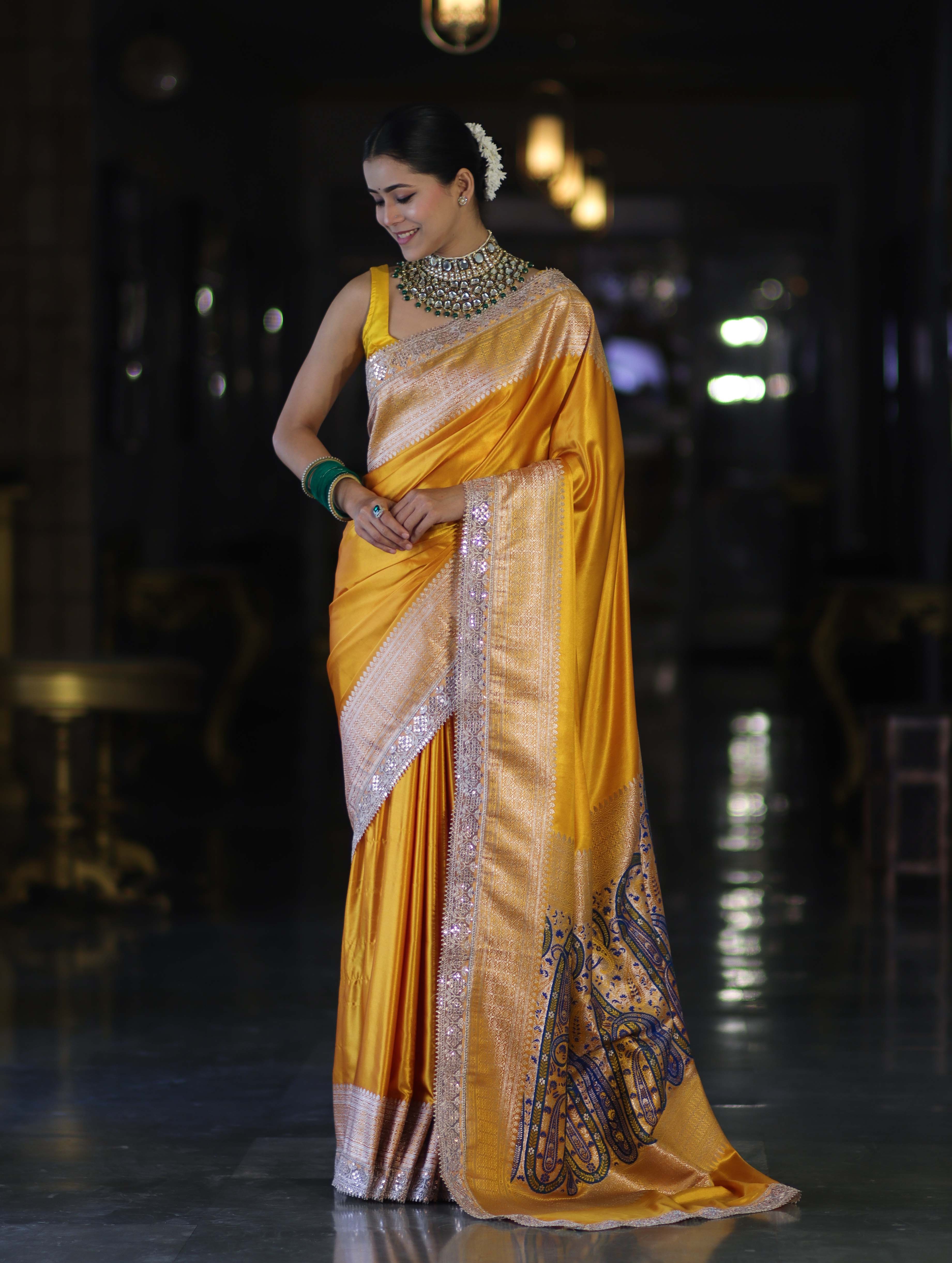 Banarasee Handloom Plain Mashru Silk Saree With Lace Border & Meenadar Pallu-Yellow