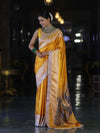 Banarasee Handloom Plain Mashru Silk Saree With Lace Border & Meenadar Pallu-Yellow