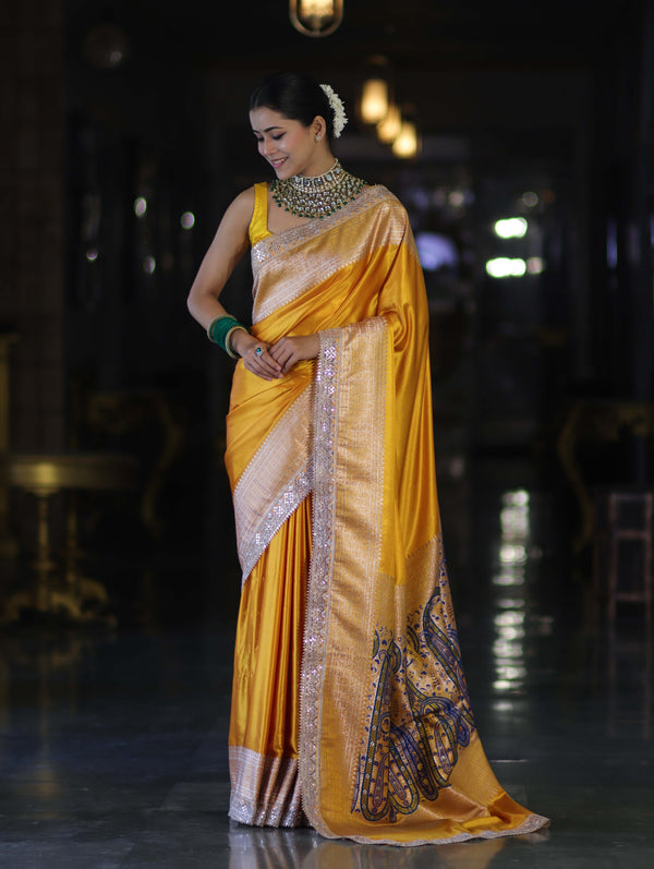 Banarasee Handloom Plain Mashru Silk Saree With Lace Border & Meenadar Pallu-Yellow