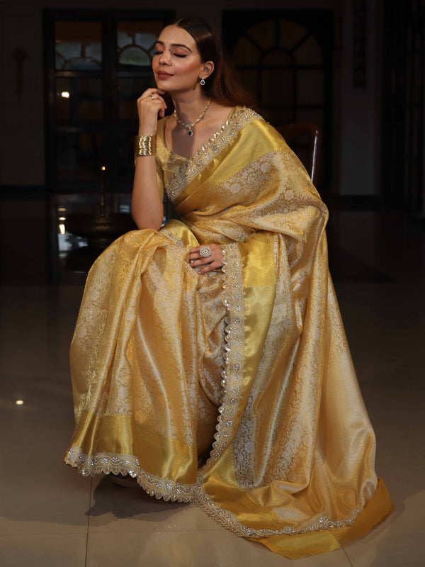 Banarasee Handwoven Tissue Saree With Floral Weaving Design Border & Lace-Yellow