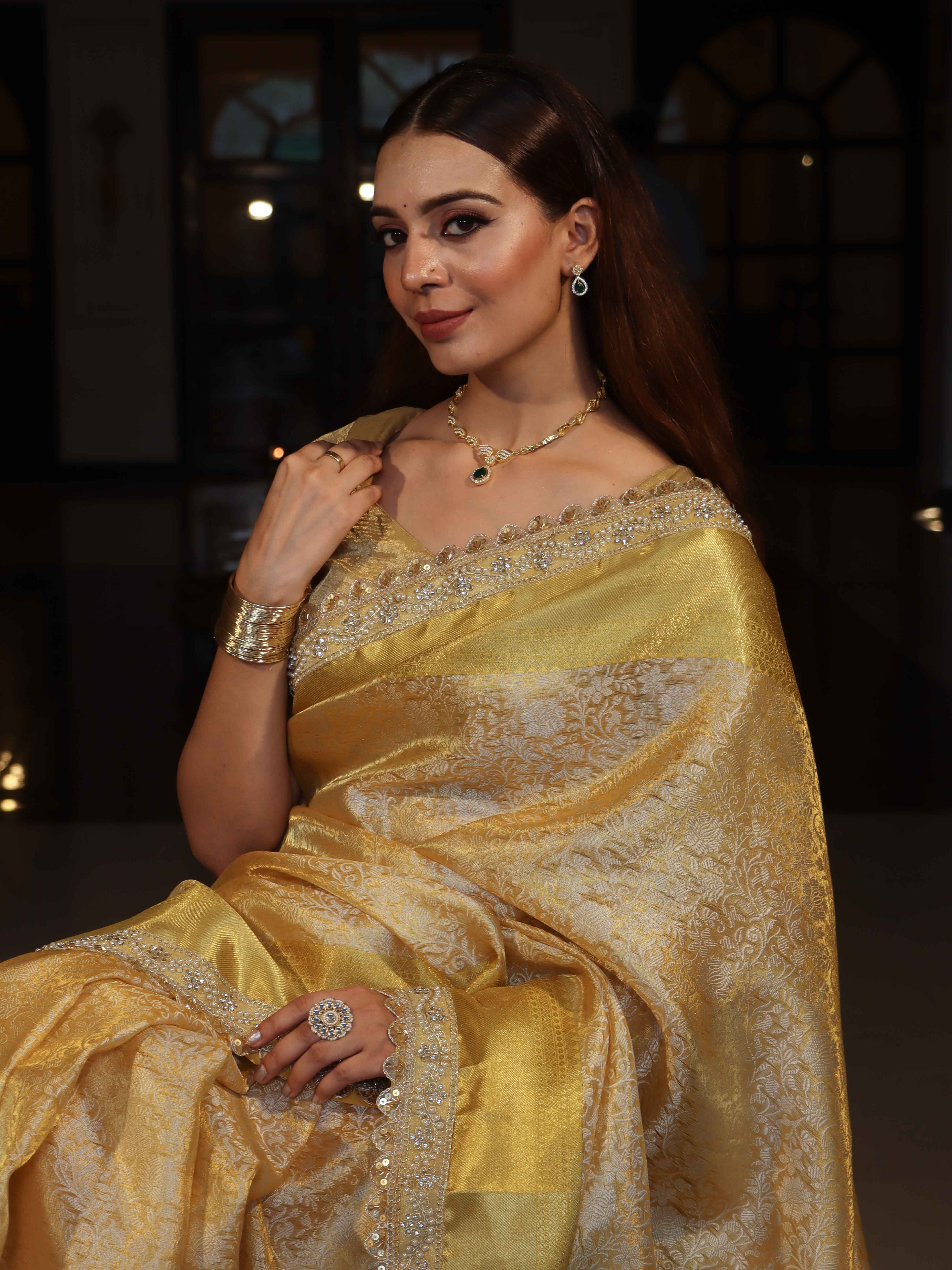 Banarasee Handwoven Tissue Saree With Floral Weaving Design Border & Lace-Yellow