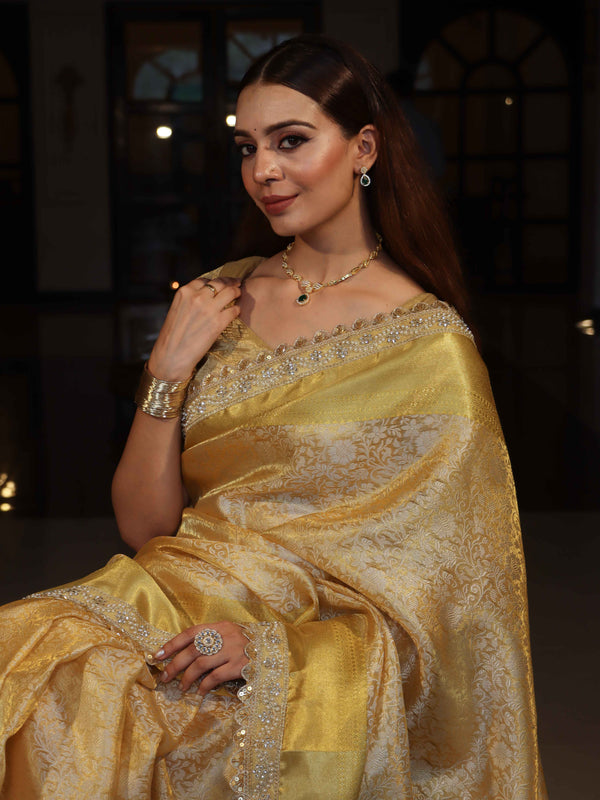 Banarasee Handwoven Tissue Saree With Floral Weaving Design Border & Lace-Yellow