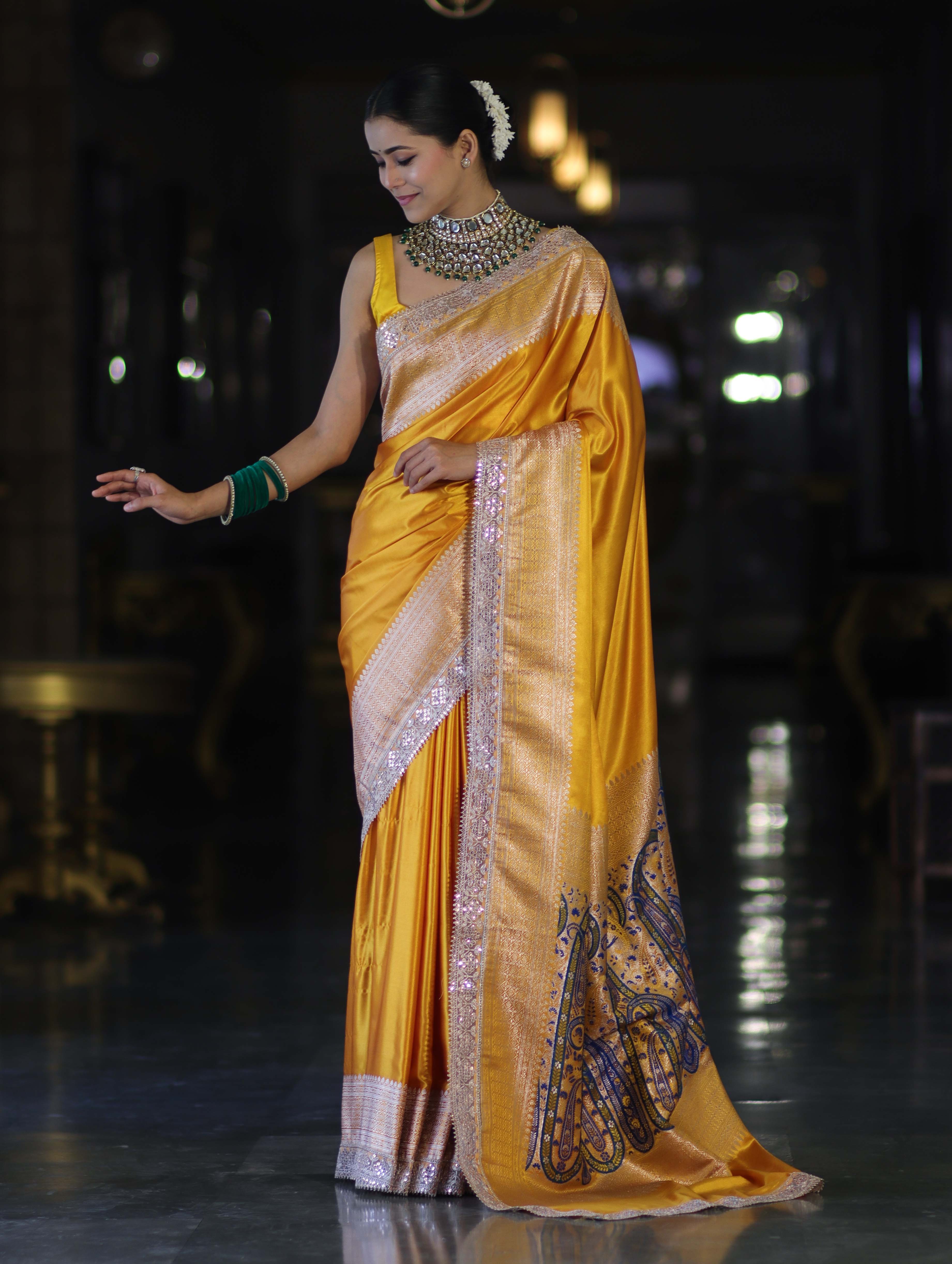 Banarasee Handloom Plain Mashru Silk Saree With Lace Border & Meenadar Pallu-Yellow