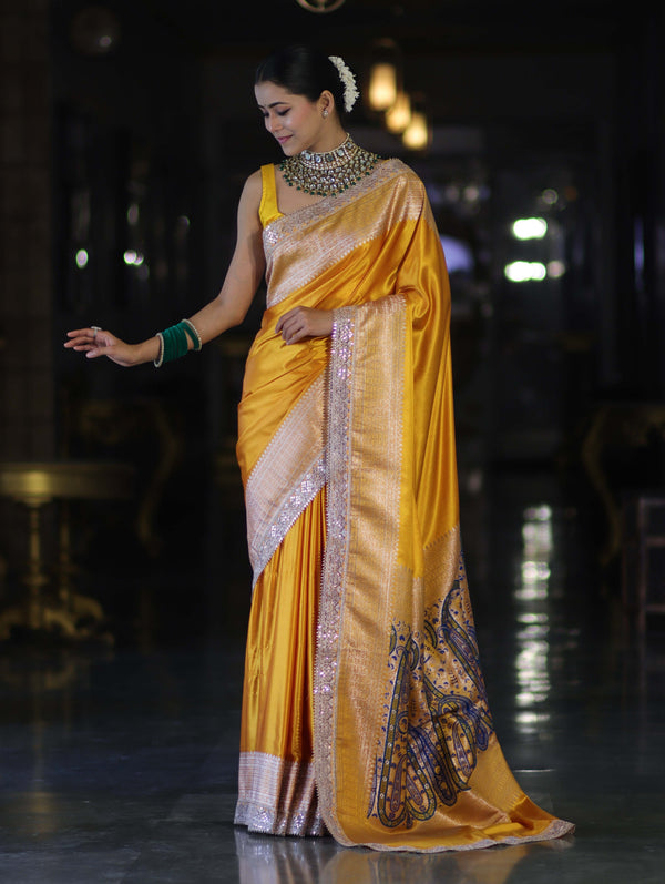 Banarasee Handloom Plain Mashru Silk Saree With Lace Border & Meenadar Pallu-Yellow