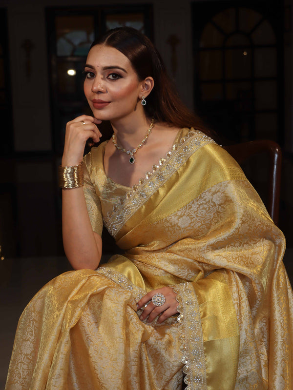 Banarasee Handwoven Tissue Saree With Floral Weaving Design Border & Lace-Yellow