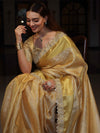 Banarasee Handwoven Tissue Saree With Floral Weaving Design Border & Lace-Yellow