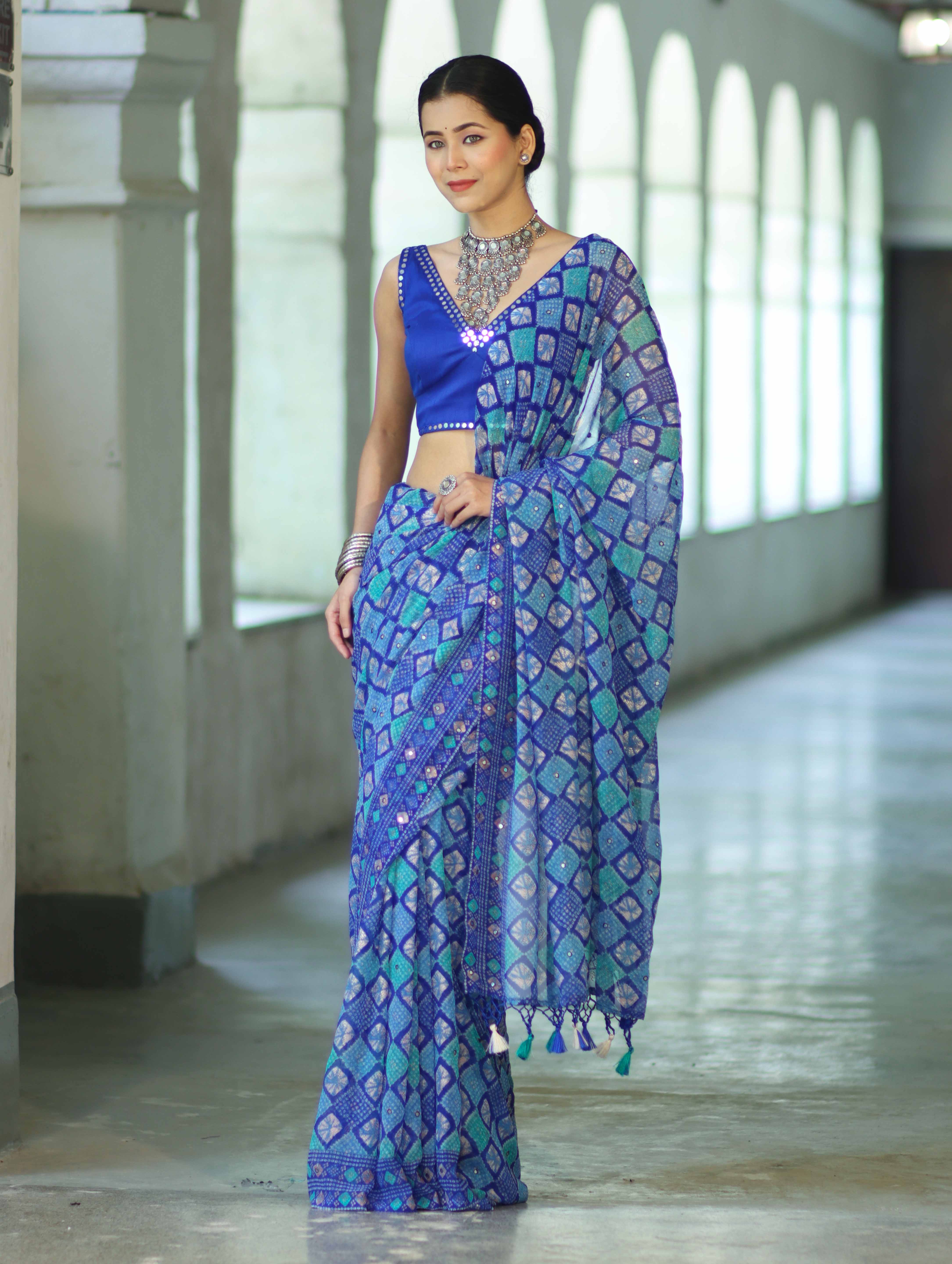 Banarasee Printed Handwork Chiffon Saree-Royal Blue