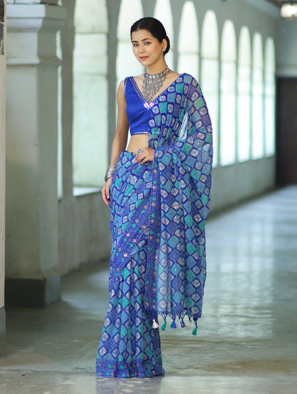 Banarasee Printed Handwork Chiffon Saree-Royal Blue