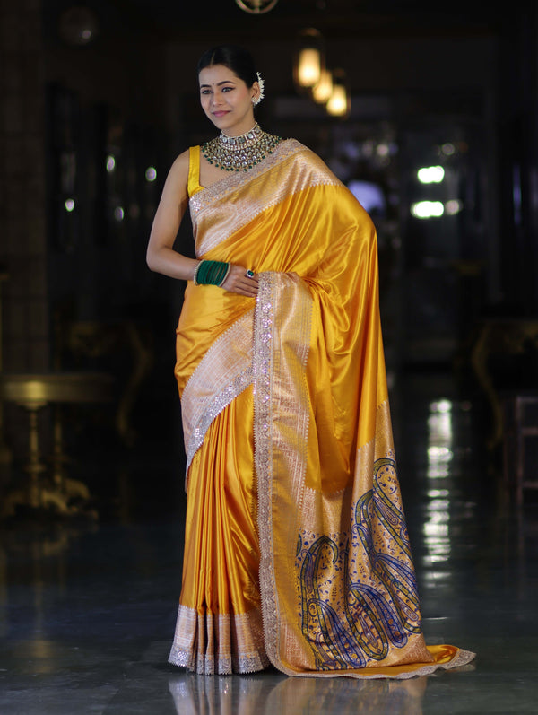 Banarasee Handloom Plain Mashru Silk Saree With Lace Border & Meenadar Pallu-Yellow