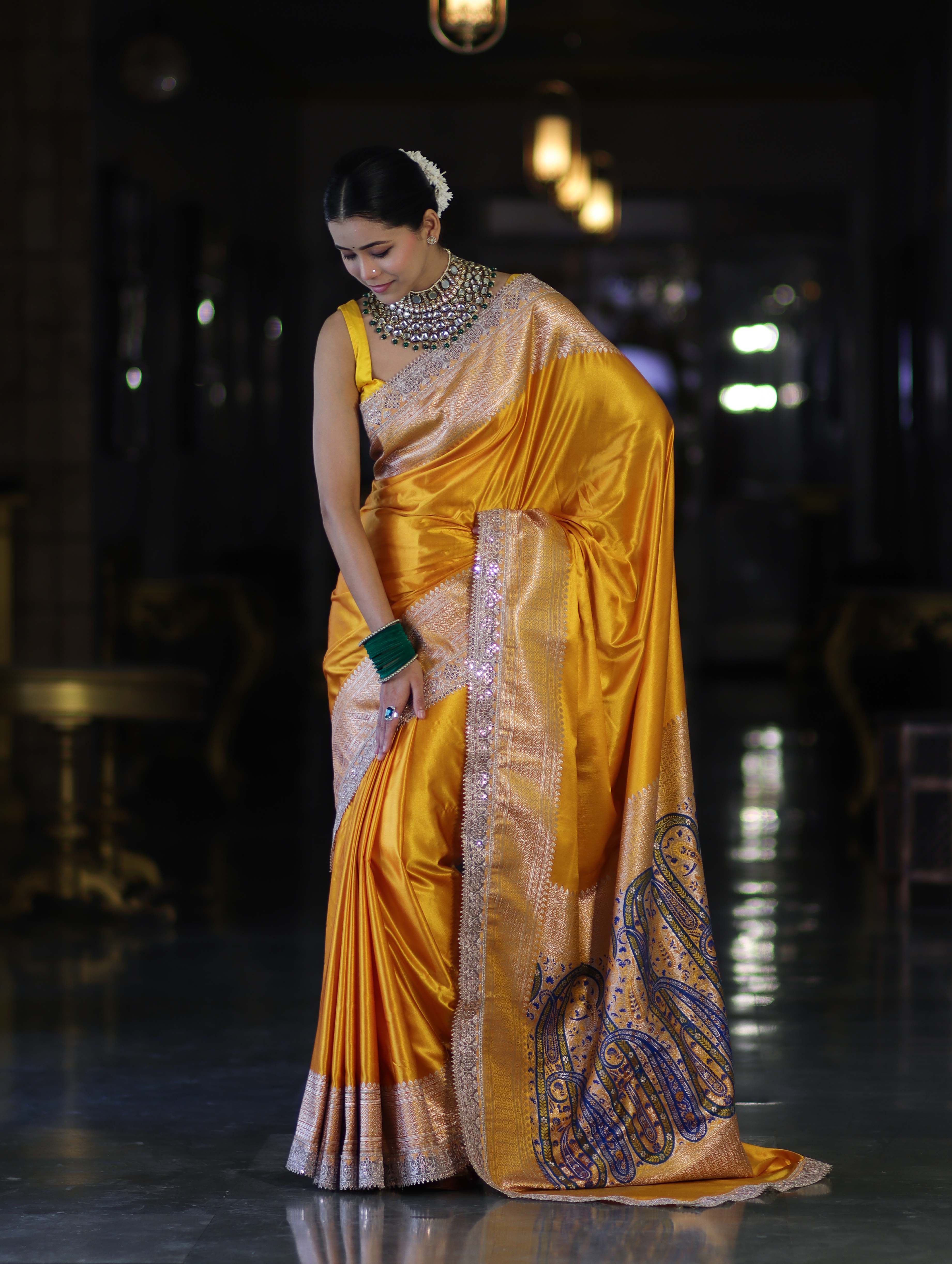 Banarasee Handloom Plain Mashru Silk Saree With Lace Border & Meenadar Pallu-Yellow