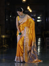 Banarasee Handloom Plain Mashru Silk Saree With Lace Border & Meenadar Pallu-Yellow