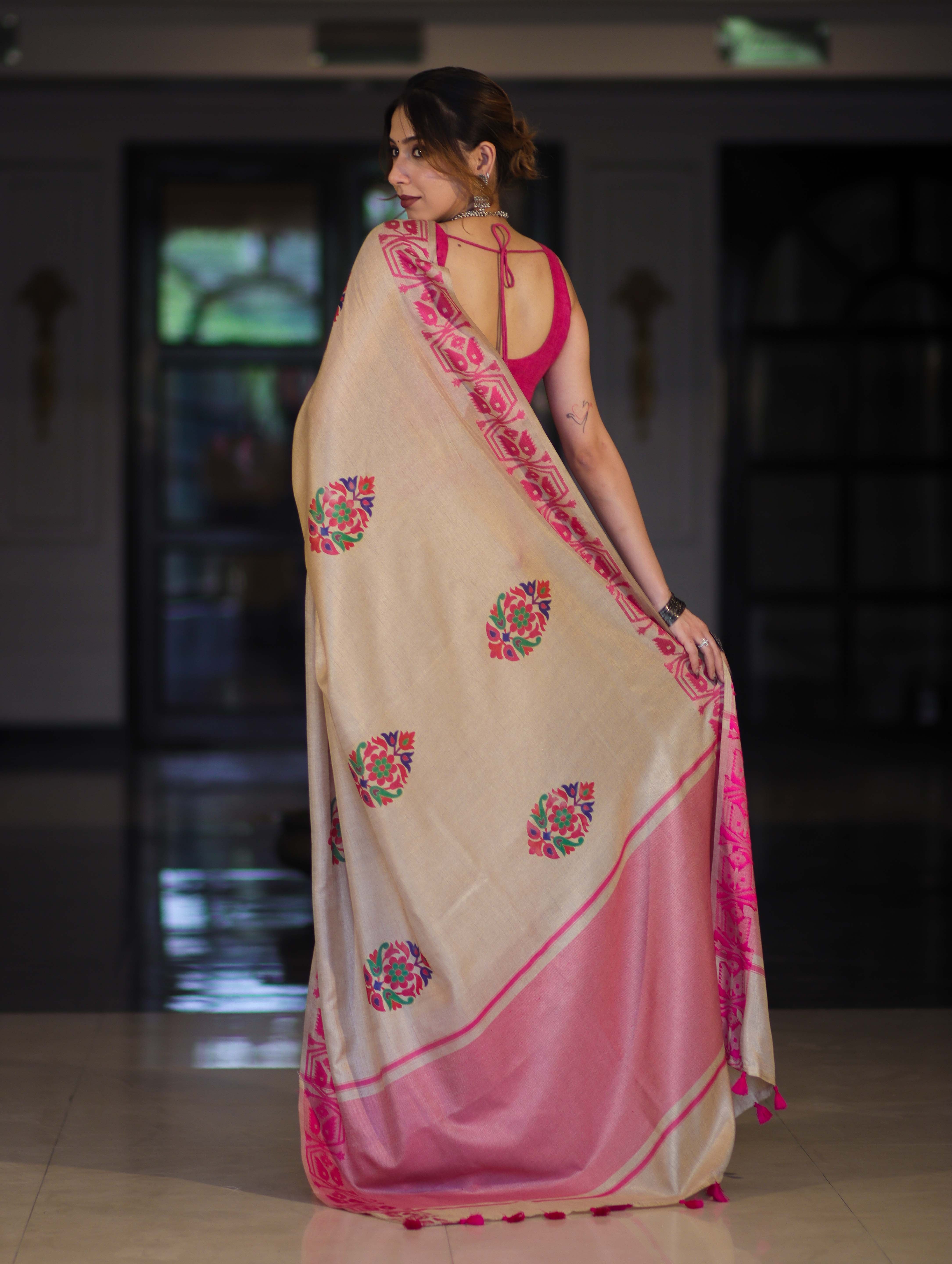 Banarasee Handwoven Semi-Tussar Saree With Hand Block Print Design-Beige