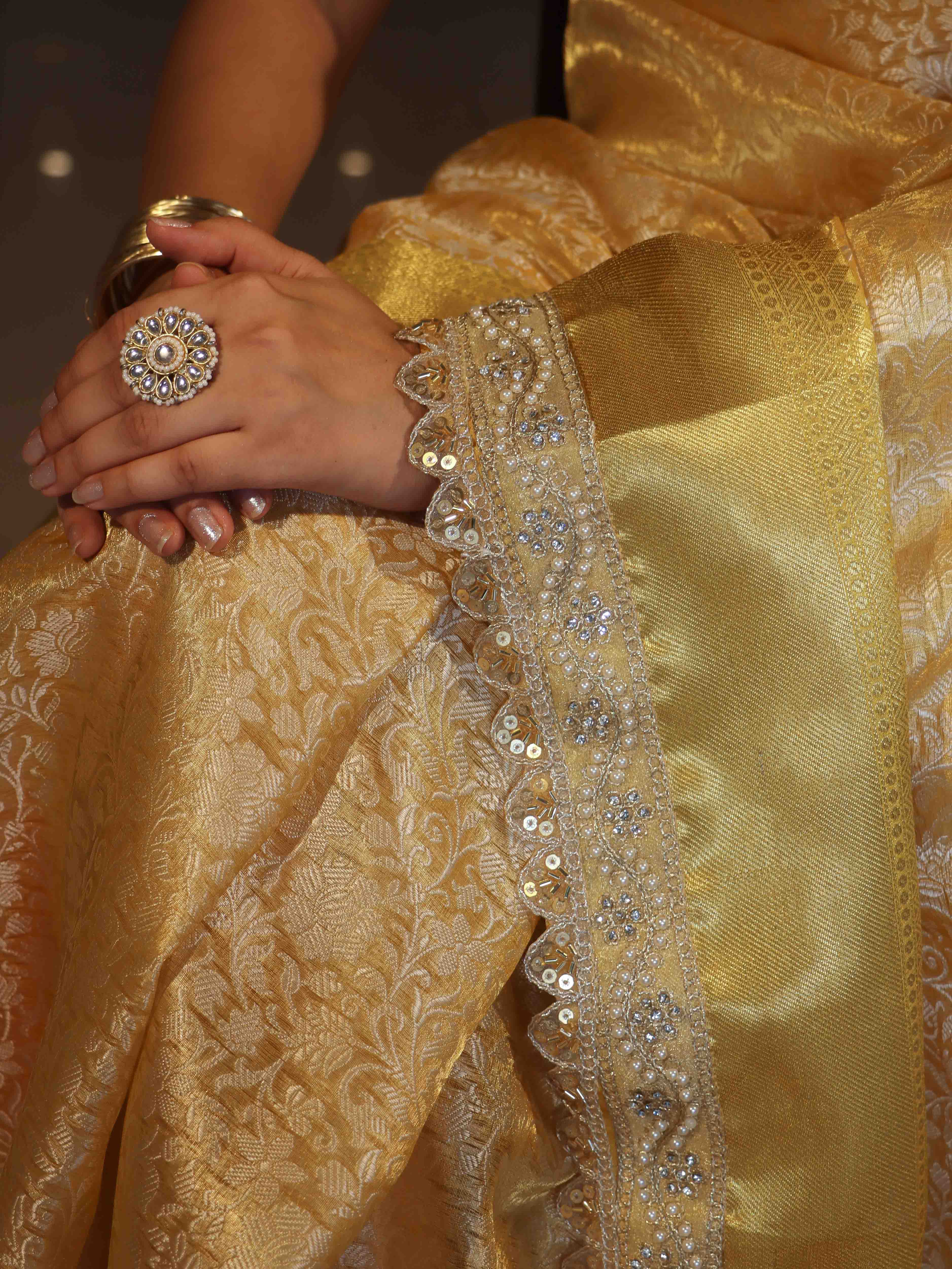 Banarasee Handwoven Tissue Saree With Floral Weaving Design Border & Lace-Yellow