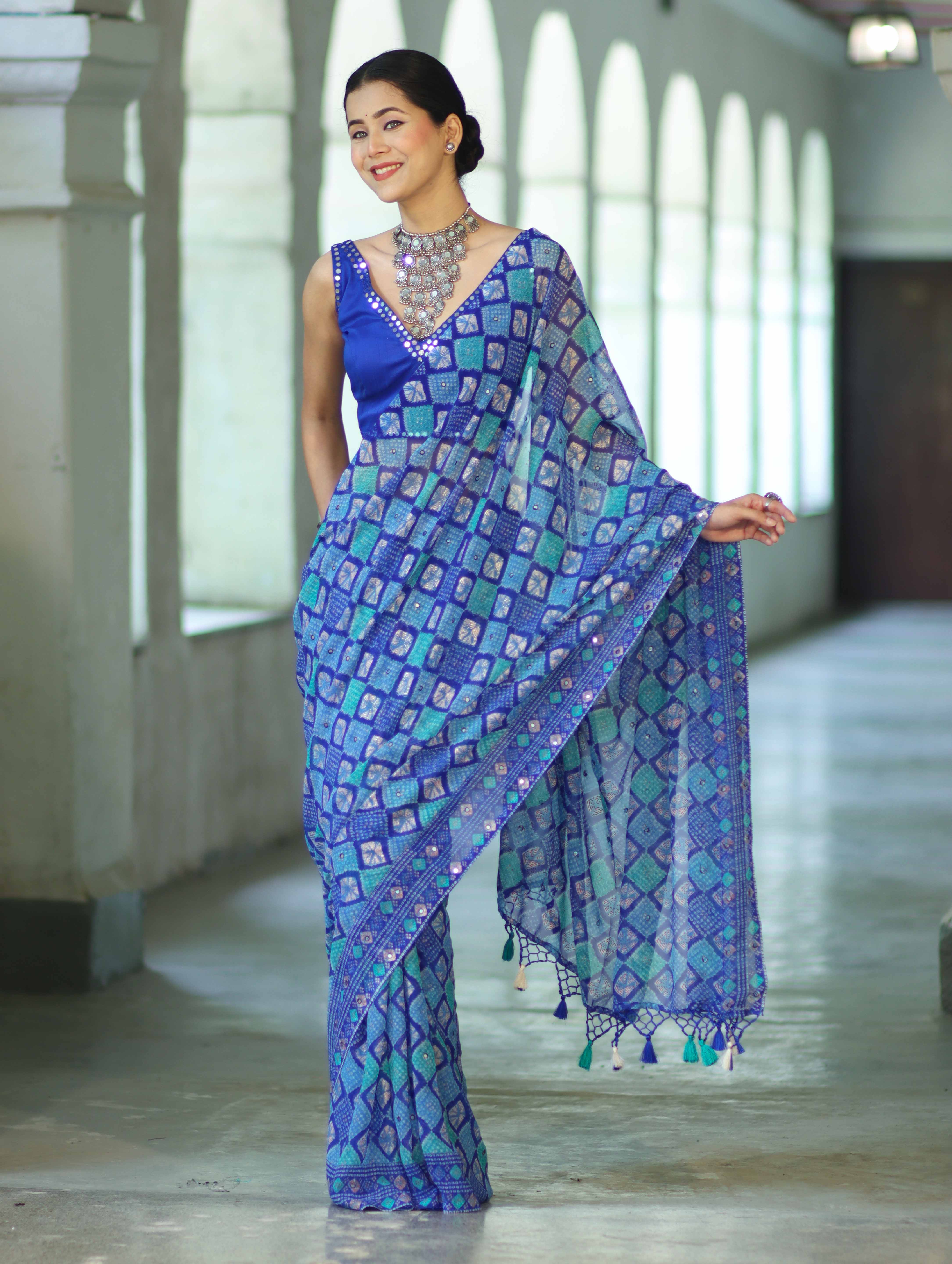 Banarasee Printed Handwork Chiffon Saree-Royal Blue