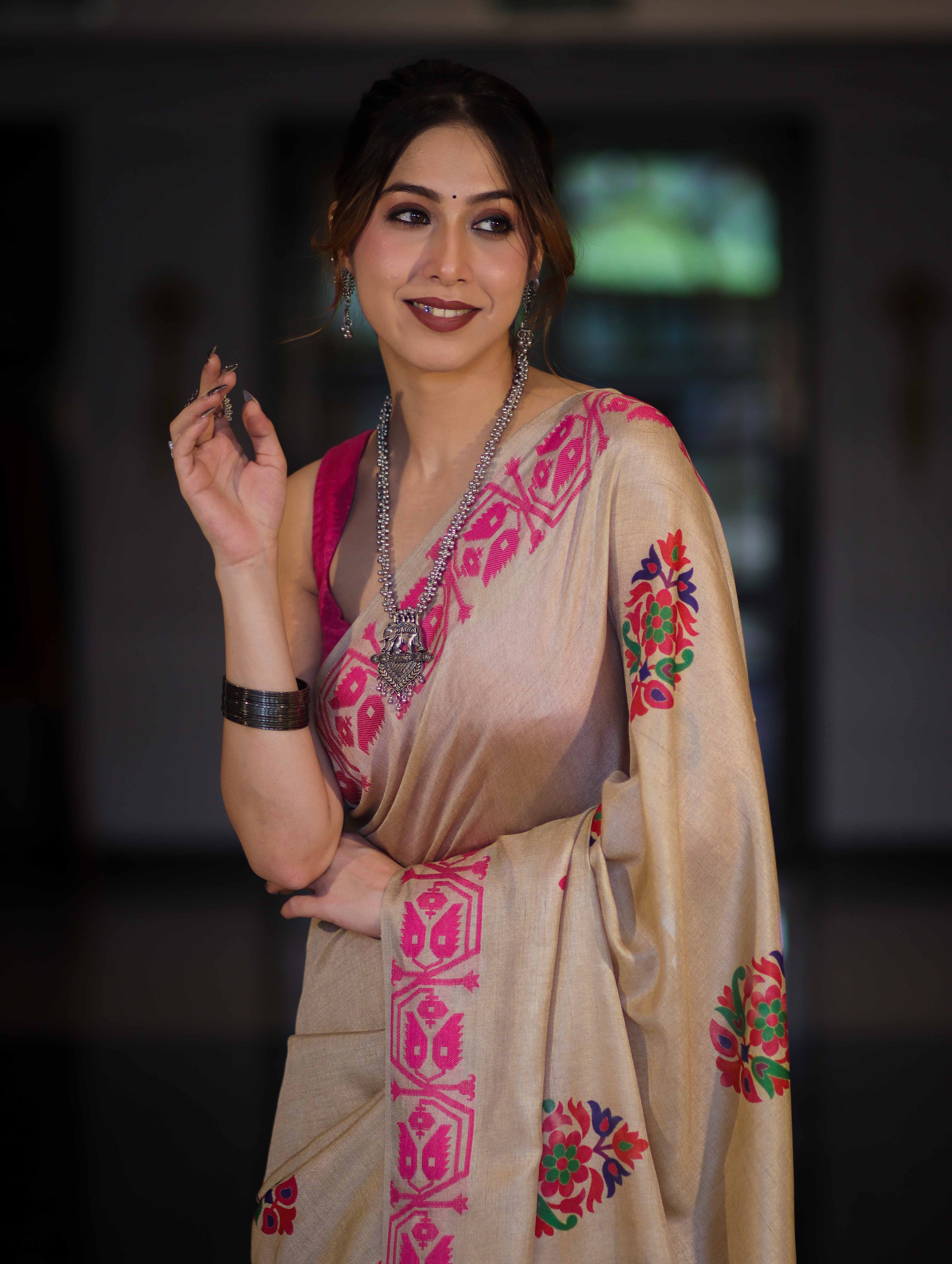 Banarasee Handwoven Semi-Tussar Saree With Hand Block Print Design-Beige