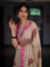 Banarasee Handwoven Semi-Tussar Saree With Hand Block Print Design-Beige