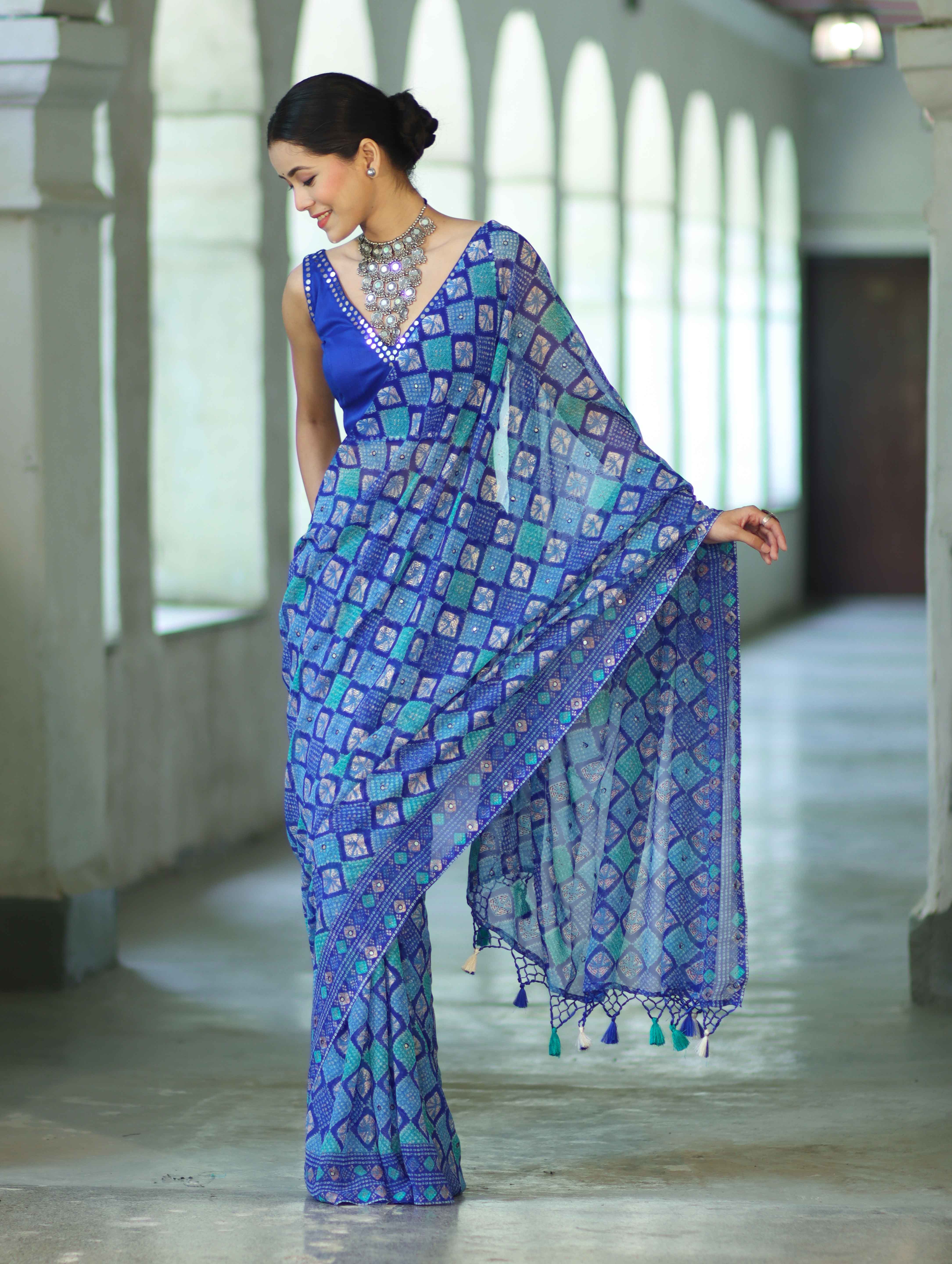 Banarasee Printed Handwork Chiffon Saree-Royal Blue