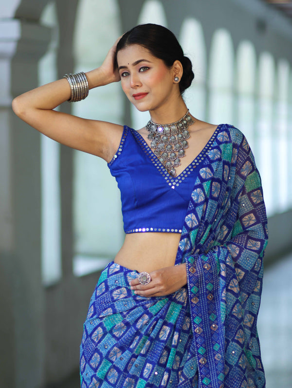 Banarasee Printed Handwork Chiffon Saree-Royal Blue