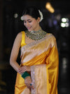 Banarasee Handloom Plain Mashru Silk Saree With Lace Border & Meenadar Pallu-Yellow