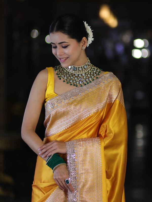 Banarasee Handloom Plain Mashru Silk Saree With Lace Border & Meenadar Pallu-Yellow