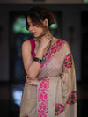 Banarasee Handwoven Semi-Tussar Saree With Hand Block Print Design-Beige