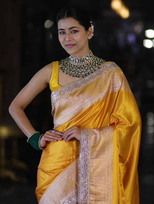 Banarasee Handloom Plain Mashru Silk Saree With Lace Border & Meenadar Pallu-Yellow