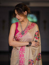 Banarasee Handwoven Semi-Tussar Saree With Hand Block Print Design-Beige