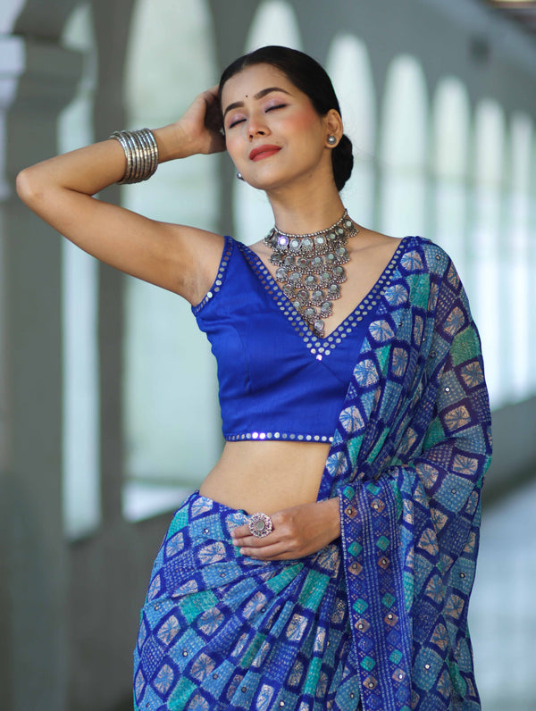 Banarasee Printed Handwork Chiffon Saree-Royal Blue