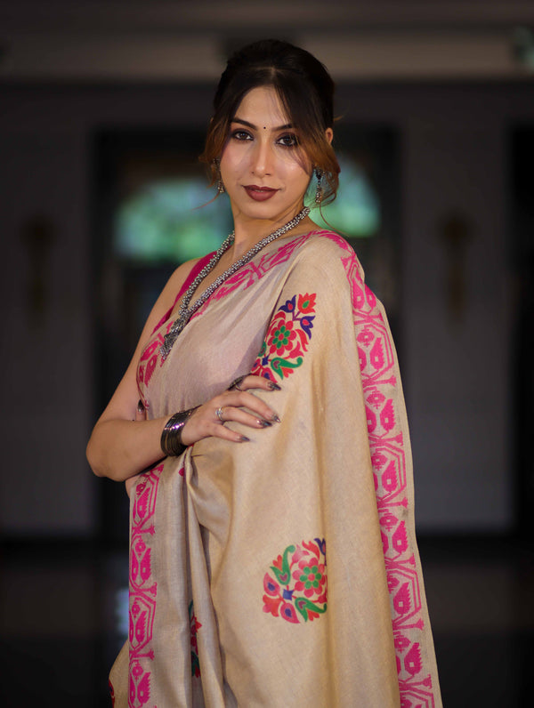 Banarasee Handwoven Semi-Tussar Saree With Hand Block Print Design-Beige