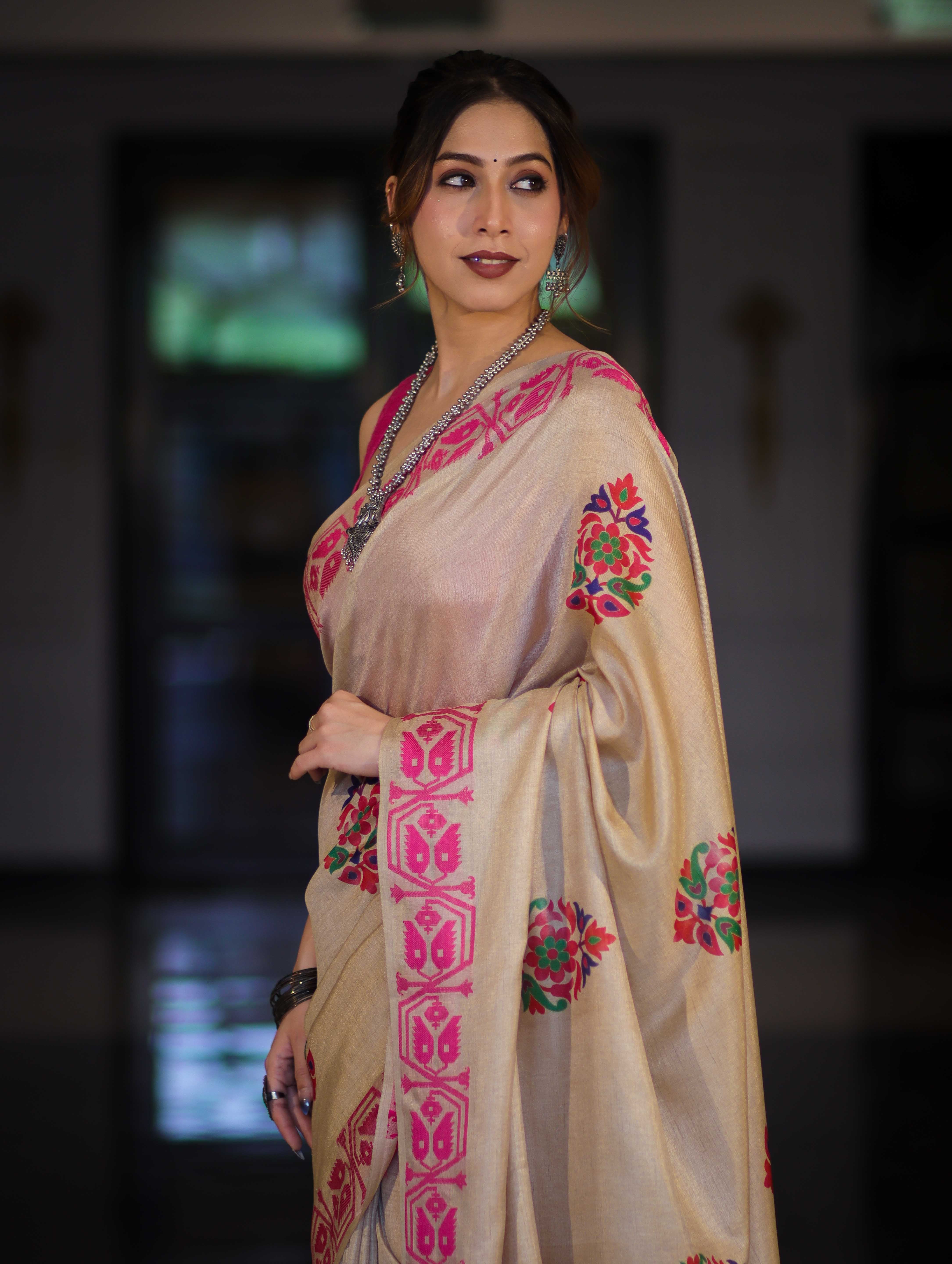 Banarasee Handwoven Semi-Tussar Saree With Hand Block Print Design-Beige