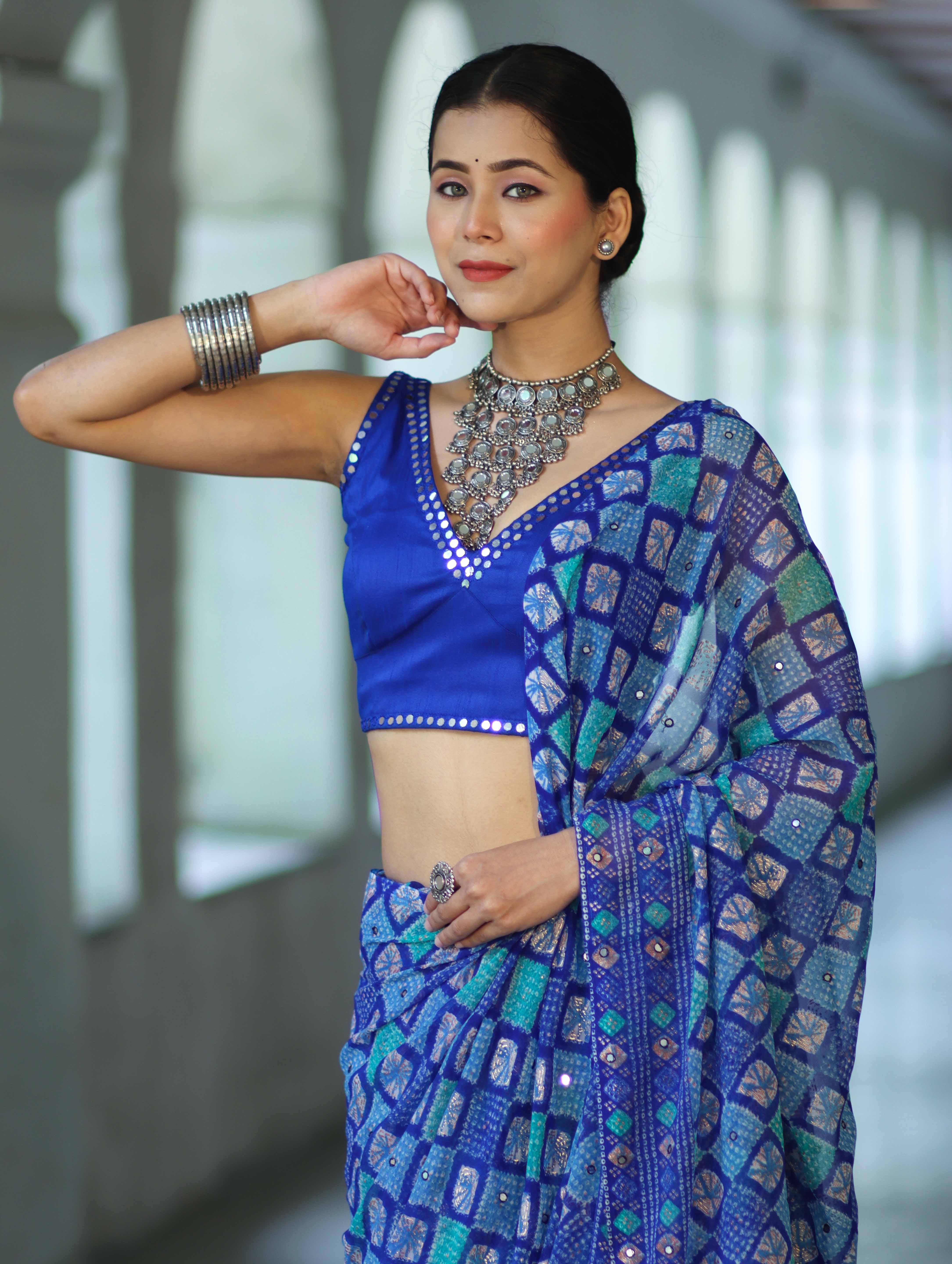 Banarasee Printed Handwork Chiffon Saree-Royal Blue