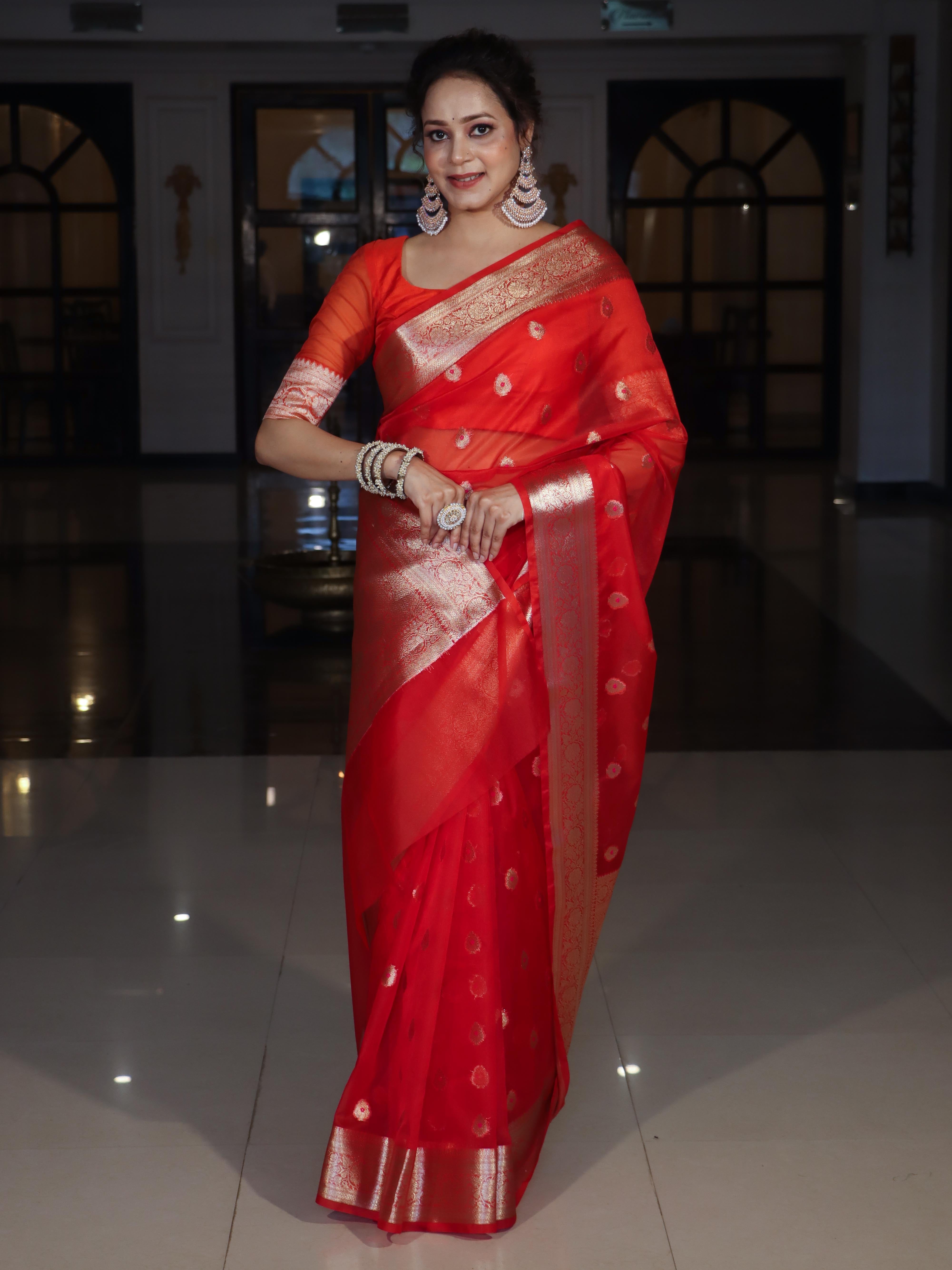 Banarasee Organza Mix Saree With Zari Buta Design & Floral Border-Red