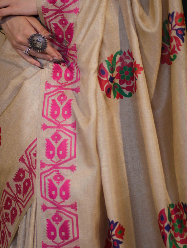 Banarasee Handwoven Semi-Tussar Saree With Hand Block Print Design-Beige