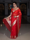 Banarasee Organza Mix Saree With Zari Buta Design & Floral Border-Red