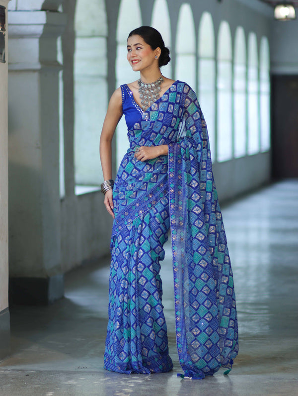 Banarasee Printed Handwork Chiffon Saree-Royal Blue