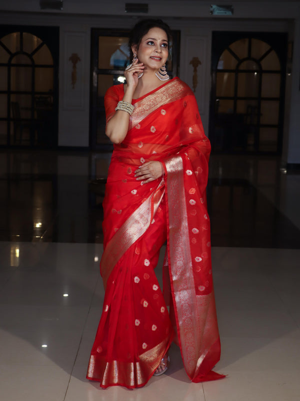 Banarasee Organza Mix Saree With Zari Buta Design & Floral Border-Red