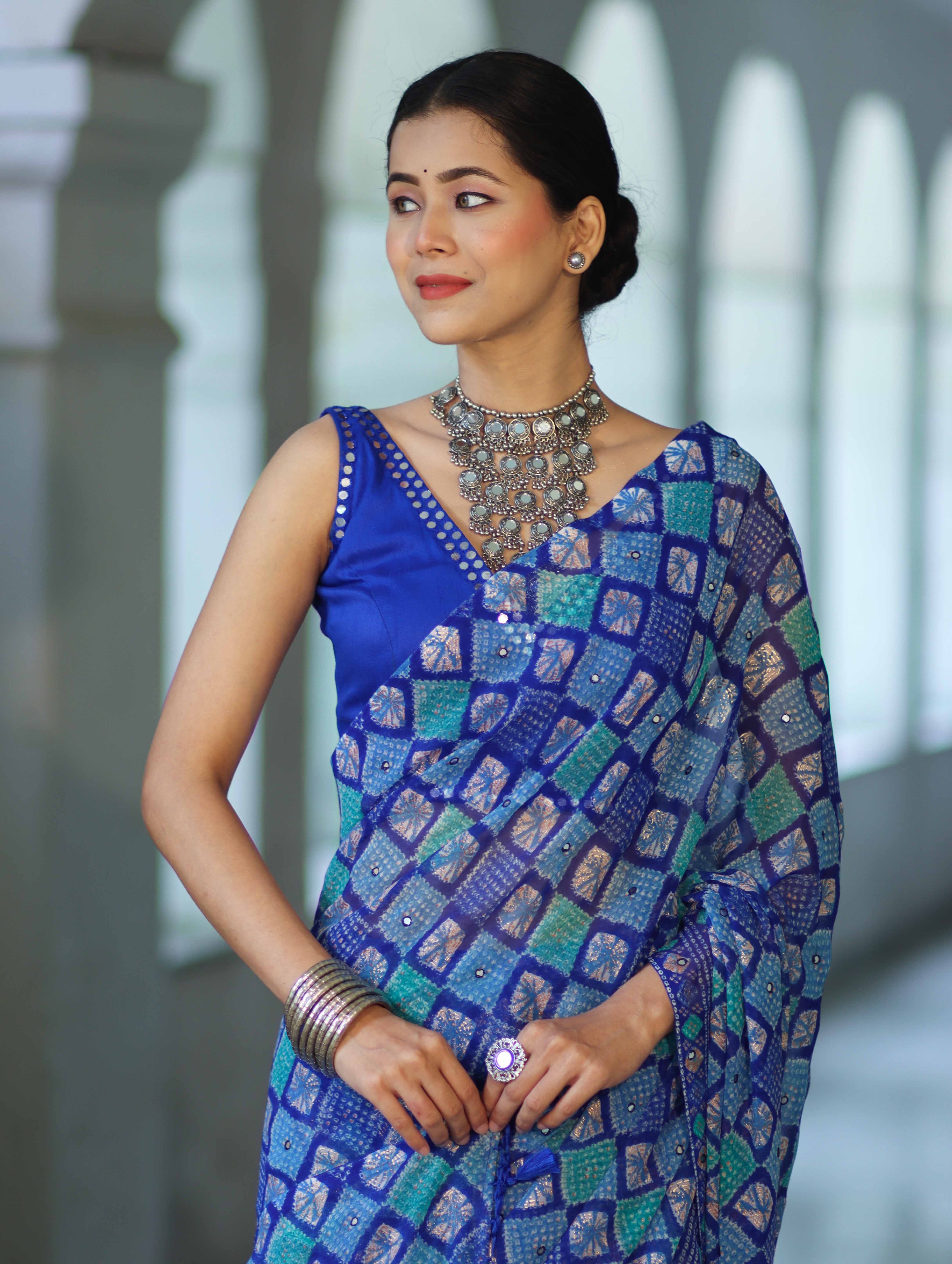 Banarasee Printed Handwork Chiffon Saree-Royal Blue