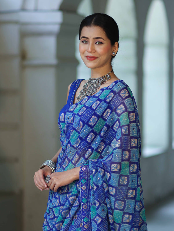Banarasee Printed Handwork Chiffon Saree-Royal Blue