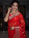 Banarasee Organza Mix Saree With Zari Buta Design & Floral Border-Red