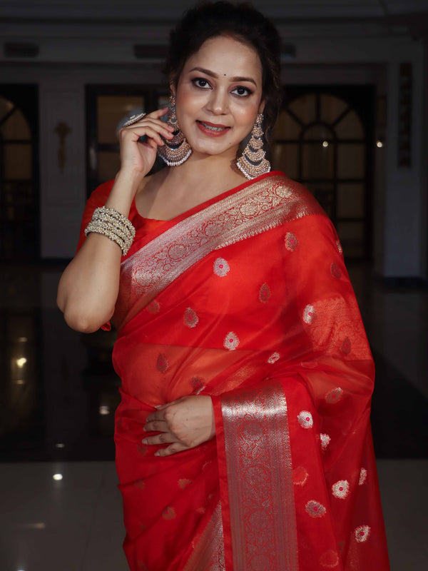 Banarasee Organza Mix Saree With Zari Buta Design & Floral Border-Red