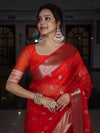 Banarasee Organza Mix Saree With Zari Buta Design & Floral Border-Red