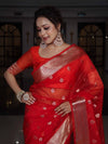 Banarasee Organza Mix Saree With Zari Buta Design & Floral Border-Red