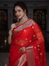 Banarasee Organza Mix Saree With Zari Buta Design & Floral Border-Red